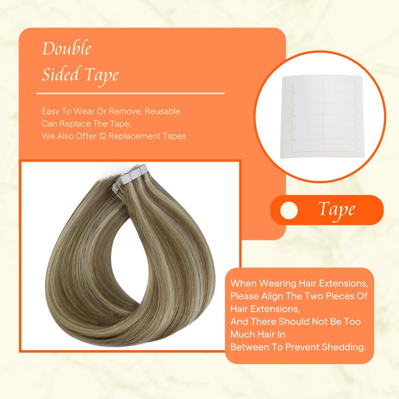 Fshine Full Shine Tape in Extensions 12 Inch Double Sided Human Hair Extensions Tape Ins Color 8 Light Brown Highlight 60 Blonde 30g Tape Hair Extensions Real Human Hair 20PCS Add Volume - Image 4