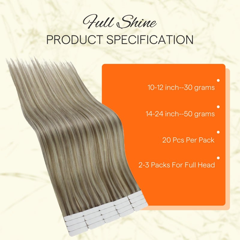 Fshine Full Shine Tape in Extensions 12 Inch Double Sided Human Hair Extensions Tape Ins Color 8 Light Brown Highlight 60 Blonde 30g Tape Hair Extensions Real Human Hair 20PCS Add Volume - Image 3
