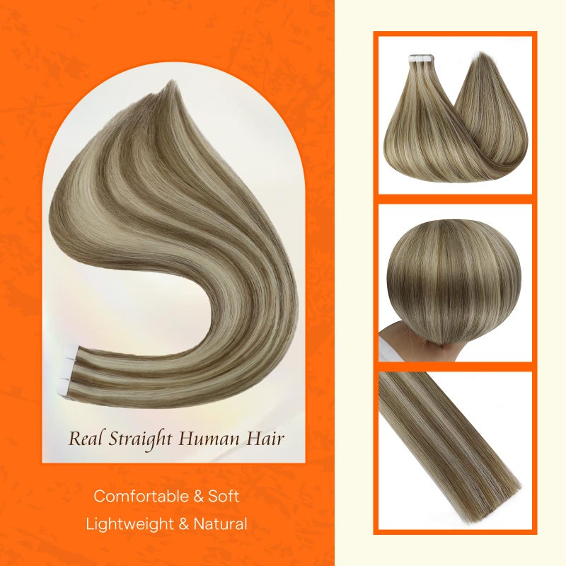 Fshine Full Shine Tape in Extensions 12 Inch Double Sided Human Hair Extensions Tape Ins Color 8 Light Brown Highlight 60 Blonde 30g Tape Hair Extensions Real Human Hair 20PCS Add Volume - Image 2