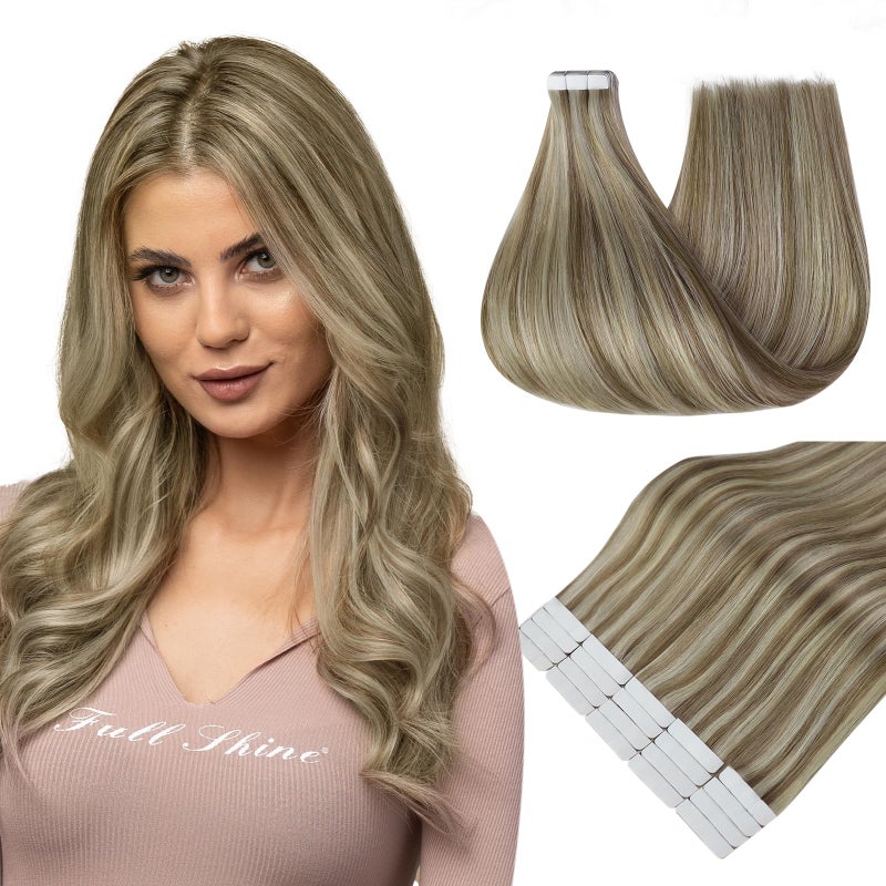 Fshine Full Shine Tape in Extensions 12 Inch Double Sided Human Hair Extensions Tape Ins Color 8 Light Brown Highlight 60 Blonde 30g Tape Hair Extensions Real Human Hair 20PCS Add Volume - Image 1