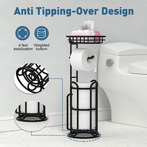 TreeLen [Upgrade] Toilet Paper Holder Stand with Shelf Tissue Holders for Bathroom Free Standing Bath Tissue Roll Holder Magazine Rack for Mega Rolls/Phone/Wipe-Black - Image 4