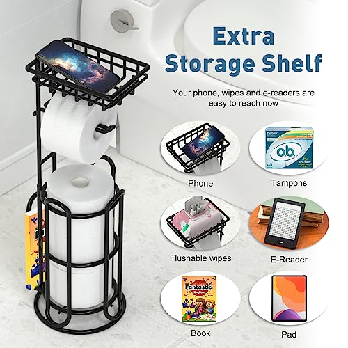 TreeLen [Upgrade] Toilet Paper Holder Stand with Shelf Tissue Holders for Bathroom Free Standing Bath Tissue Roll Holder Magazine Rack for Mega Rolls/Phone/Wipe-Black - Image 3