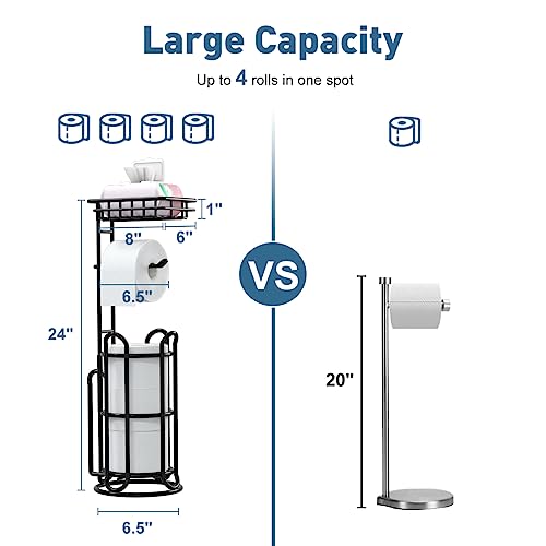 TreeLen [Upgrade] Toilet Paper Holder Stand with Shelf Tissue Holders for Bathroom Free Standing Bath Tissue Roll Holder Magazine Rack for Mega Rolls/Phone/Wipe-Black - Image 5