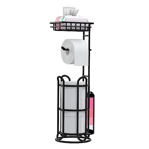 TreeLen [Upgrade] Toilet Paper Holder Stand with Shelf Tissue Holders for Bathroom Free Standing Bath Tissue Roll Holder Magazine Rack for Mega Rolls/Phone/Wipe-Black - Image 1