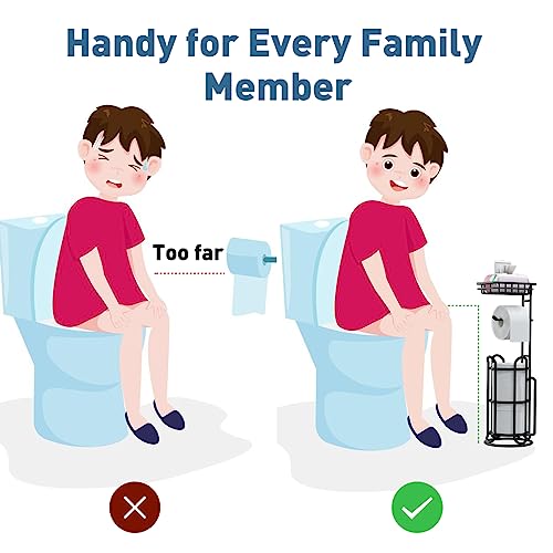 TreeLen [Upgrade] Toilet Paper Holder Stand with Shelf Tissue Holders for Bathroom Free Standing Bath Tissue Roll Holder Magazine Rack for Mega Rolls/Phone/Wipe-Black - Image 2