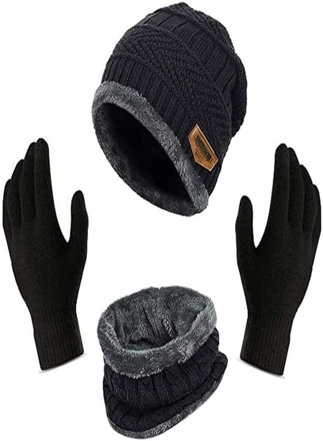 FF Unisex Winter Knit Beanie Cap Hat Neck Warmer Scarf with Woolen Gloves Set - Winterwear Combo Set of Woolen Cap Scarf & Gloves, Free Size, Black - Image 1