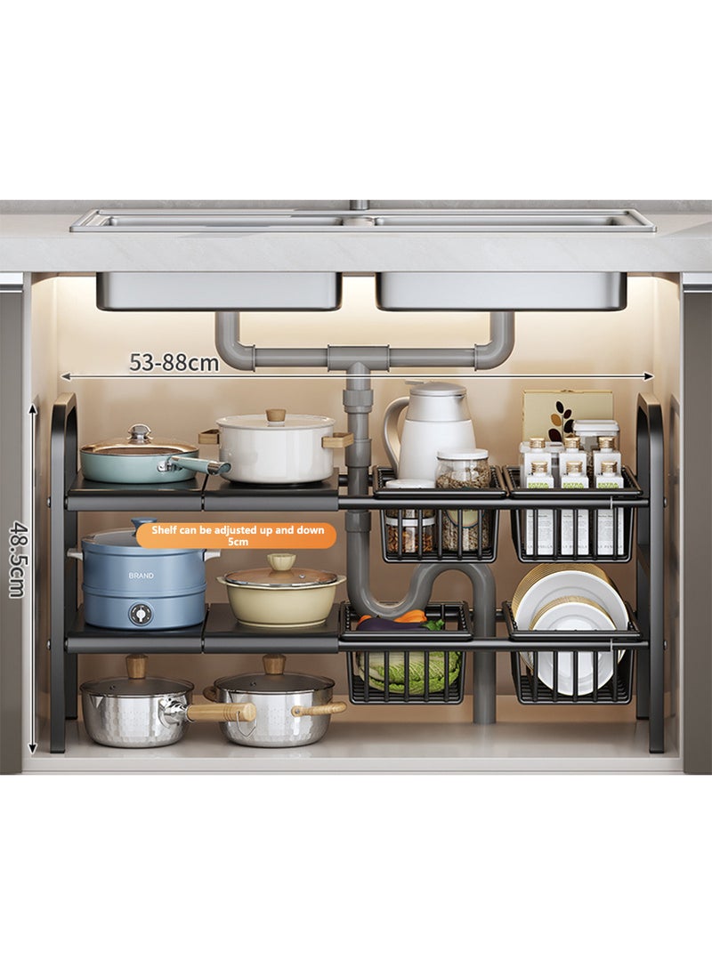 Sharpdo - Double Layer Under Sink Retractable Storage Rack, Layered Storage Rack with Adjustable Height, Suitable for Kitchen/Bathroom - Image 1