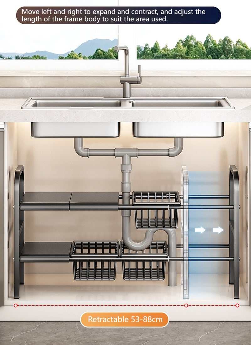 Sharpdo - Double Layer Under Sink Retractable Storage Rack, Layered Storage Rack with Adjustable Height, Suitable for Kitchen/Bathroom - Image 1