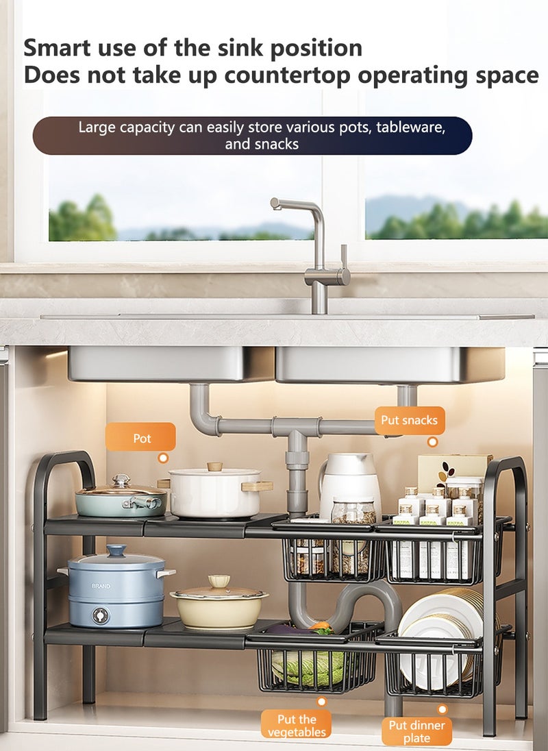 Sharpdo - Double Layer Under Sink Retractable Storage Rack, Layered Storage Rack with Adjustable Height, Suitable for Kitchen/Bathroom - Image 1