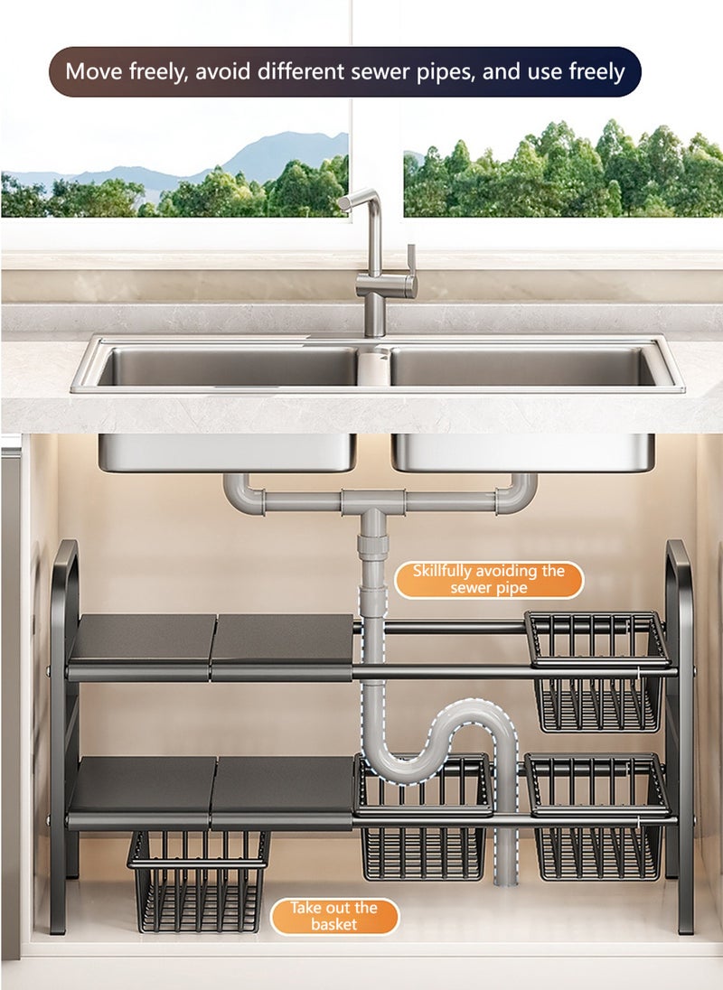 Sharpdo - Double Layer Under Sink Retractable Storage Rack, Layered Storage Rack with Adjustable Height, Suitable for Kitchen/Bathroom - Image 1