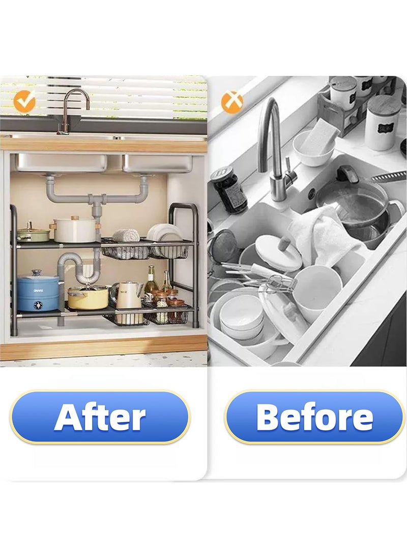 Sharpdo - Double Layer Under Sink Retractable Storage Rack, Layered Storage Rack with Adjustable Height, Suitable for Kitchen/Bathroom - Image 1