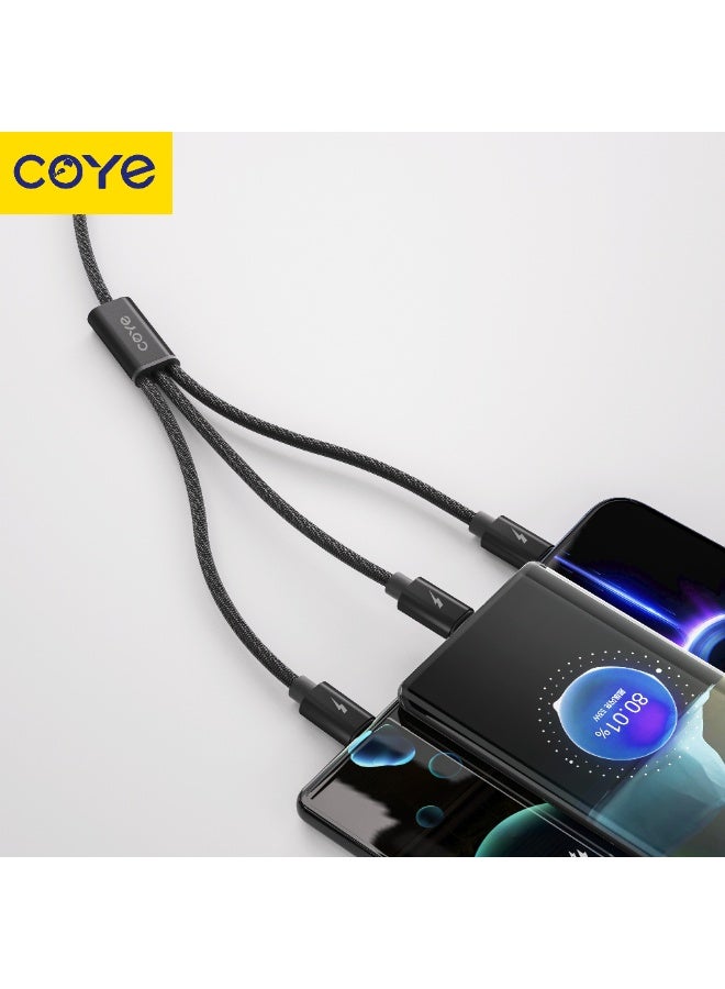 كابل شحن سريع COYE CM-20 ثلاثة في واحد USB-A إلى Type-C وMicro USB وLightning بطول 1.2 متر، أسود - Image 1