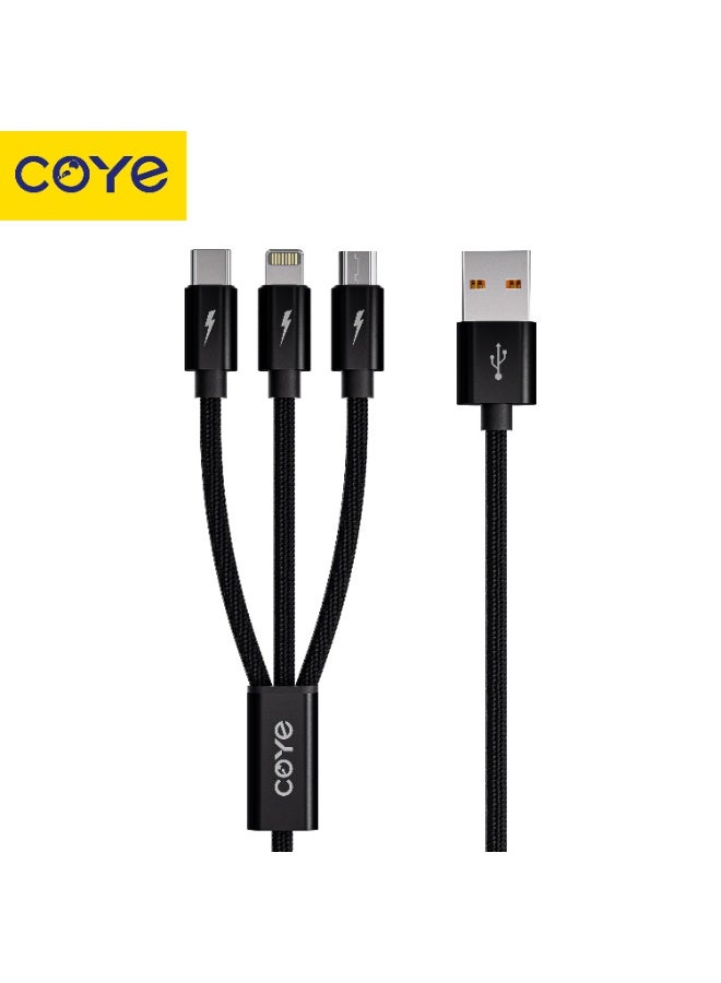 كابل شحن سريع COYE CM-20 ثلاثة في واحد USB-A إلى Type-C وMicro USB وLightning بطول 1.2 متر، أسود - Image 4