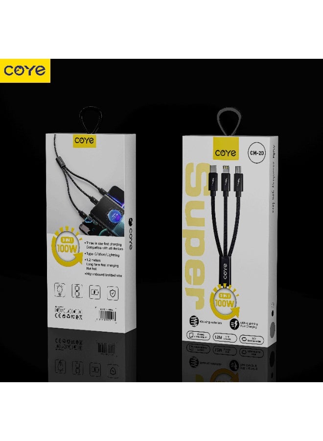 كابل شحن سريع COYE CM-20 ثلاثة في واحد USB-A إلى Type-C وMicro USB وLightning بطول 1.2 متر، أسود - Image 2