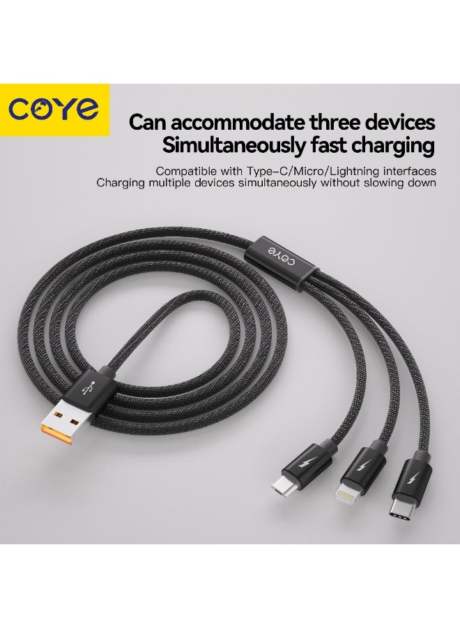 كابل شحن سريع COYE CM-20 ثلاثة في واحد USB-A إلى Type-C وMicro USB وLightning بطول 1.2 متر، أسود - Image 5