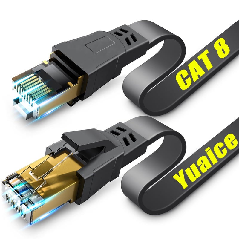 Yuaice Cat 8 Ethernet Cable Flat 3FT-100FT, 40Gbps 2000MHz High Speed Gaming LAN Cable, Gold-Plated RJ45 Shielded STP, Weatherproof UV Resistant for Indoor Outdoor, Compatible with Router/PS5/Xbox/PC - Image 1