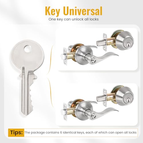 HOSOM Keyed Alike Front Door Lever Lockset with Single Cylinder Deadbolt, Entry Door Lock Set Exterior Door Knob with Lock and Deadbolt, Satin Nickel Finished Door Handle with Wave Style - Image 3