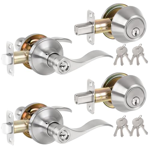HOSOM Keyed Alike Front Door Lever Lockset with Single Cylinder Deadbolt, Entry Door Lock Set Exterior Door Knob with Lock and Deadbolt, Satin Nickel Finished Door Handle with Wave Style - Image 1