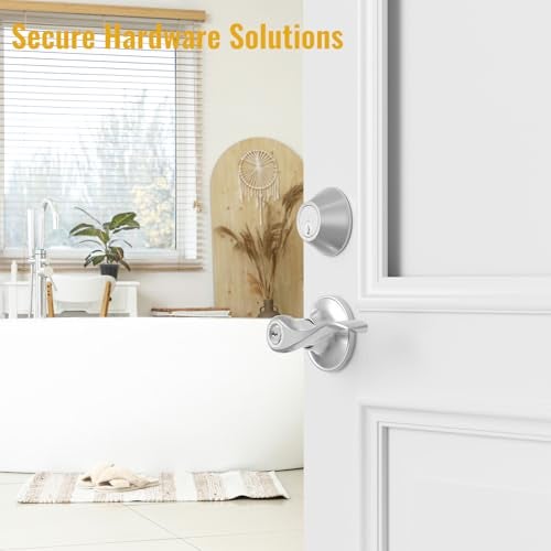 HOSOM Keyed Alike Front Door Lever Lockset with Single Cylinder Deadbolt, Entry Door Lock Set Exterior Door Knob with Lock and Deadbolt, Satin Nickel Finished Door Handle with Wave Style - Image 2