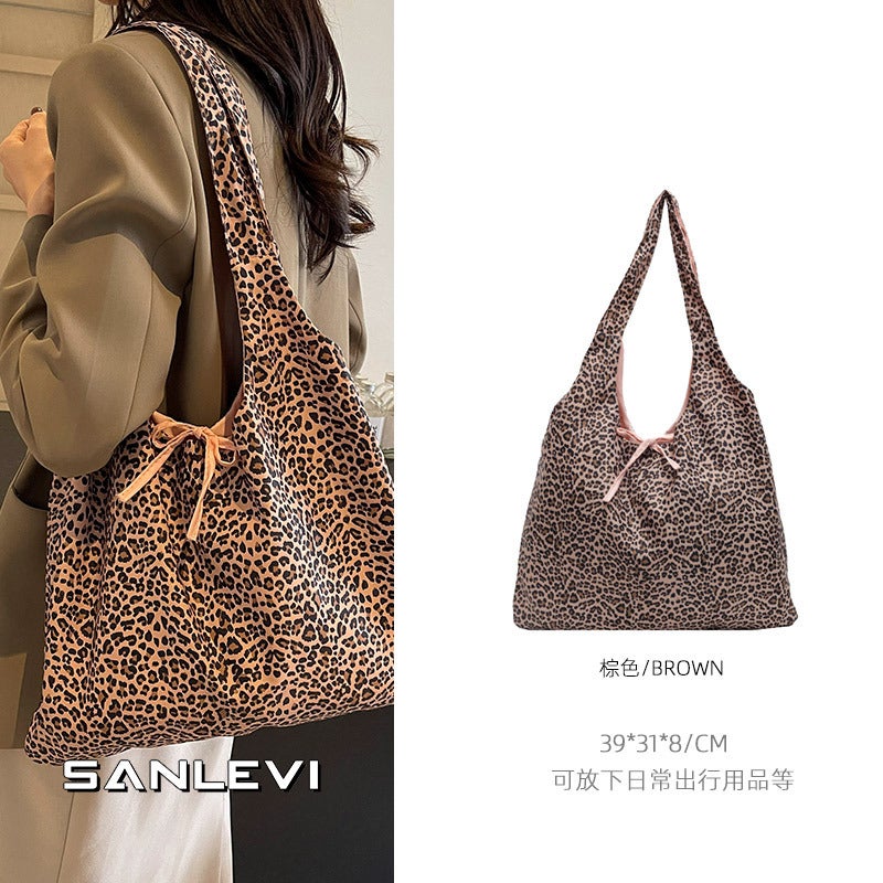 One-Shoulder Leopard Print Large Capacity Brown High-Value Daily Commuter Tote Bag Women'S Canvas Vintage Handbag - Image 1