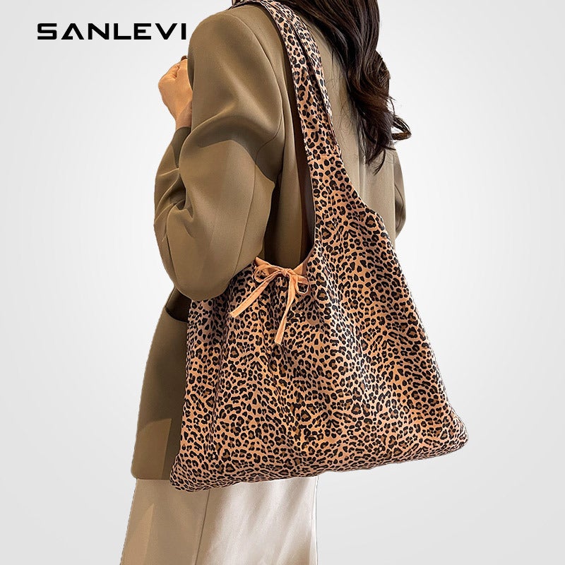 One-Shoulder Leopard Print Large Capacity Brown High-Value Daily Commuter Tote Bag Women'S Canvas Vintage Handbag - Image 2