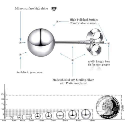EVERU 925 Sterling Silver Ball Stud Earrings Available in 3mm-10mm,Classic Round Ball Studs Hypoallergenic Jewelry (8mm) - Image 2