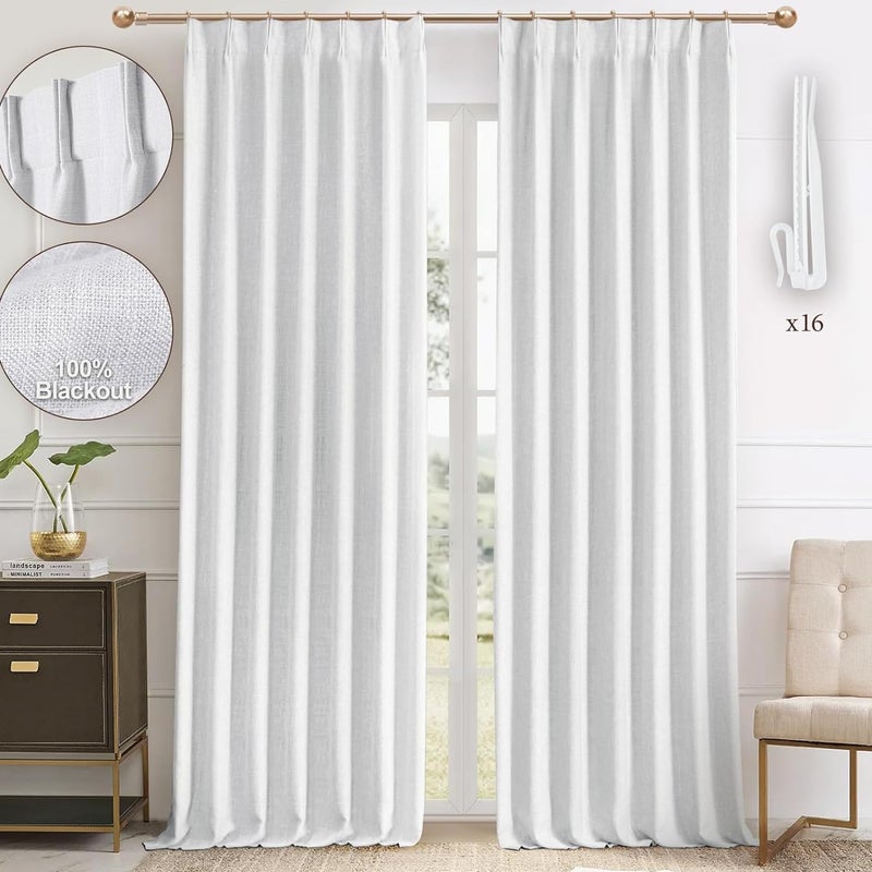 IVAPUPU Thick Linen Blend Pinch Pleated Blackout Curtains for Bedroom - 2 Pages Black Out White Curtains 108 Inch Long 2 Panel for Living Room Darkening Thermal Window Curtain Drapes with 16pc Hooks - Image 1