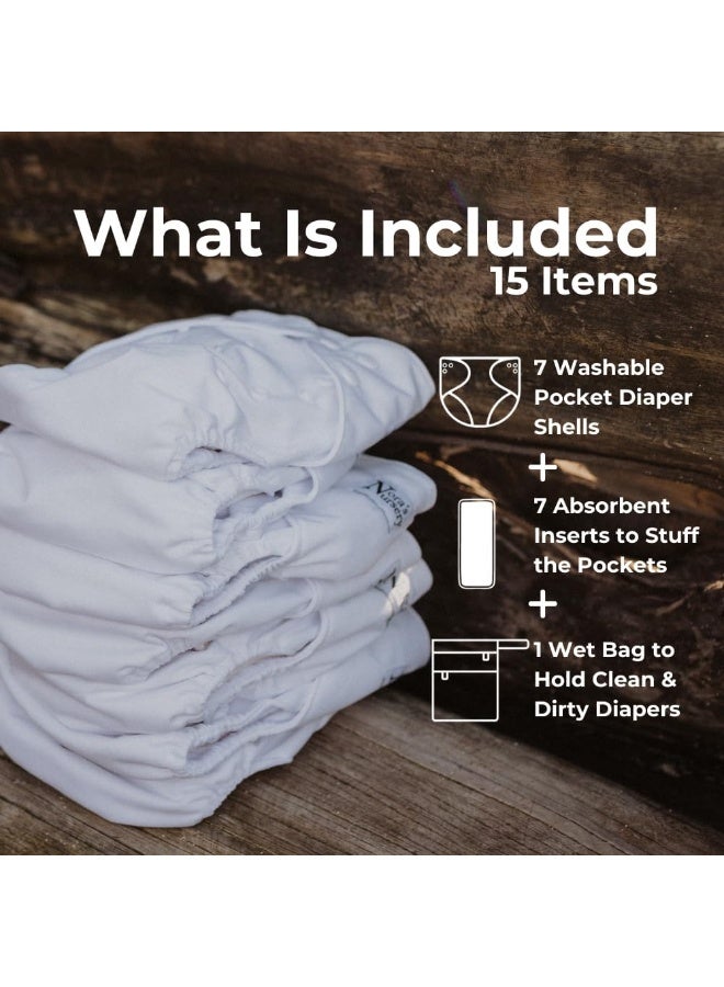 Nora's Nursery Winter White Baby Cloth Pocket Diapers 7 Pack, 7 Bamboo Inserts, 1 Wet Bag - Image 2