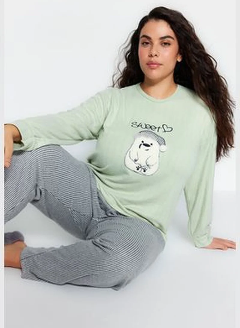 trendyol Mint Striped Knitted Pajamas Set TBBAW24AI00049