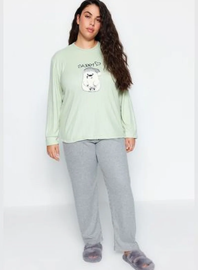 trendyol Mint Striped Knitted Pajamas Set TBBAW24AI00049