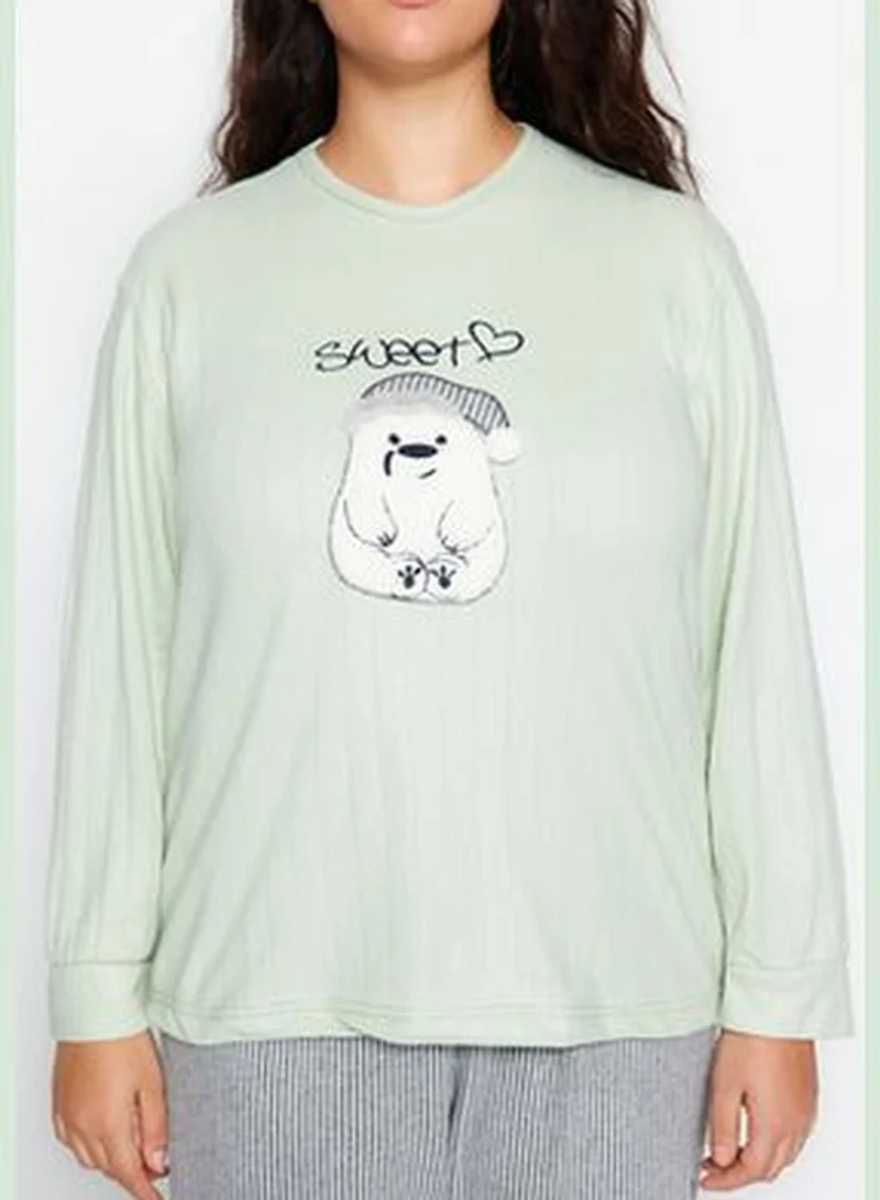 trendyol Mint Striped Knitted Pajamas Set TBBAW24AI00049