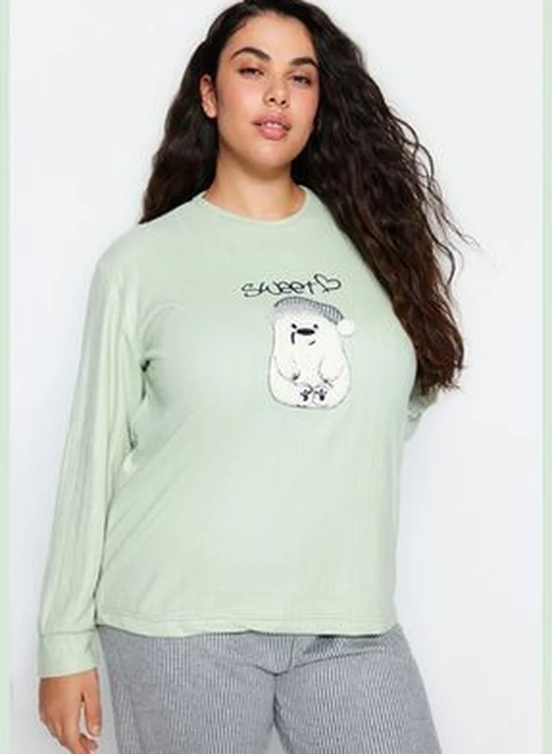 trendyol Mint Striped Knitted Pajamas Set TBBAW24AI00049