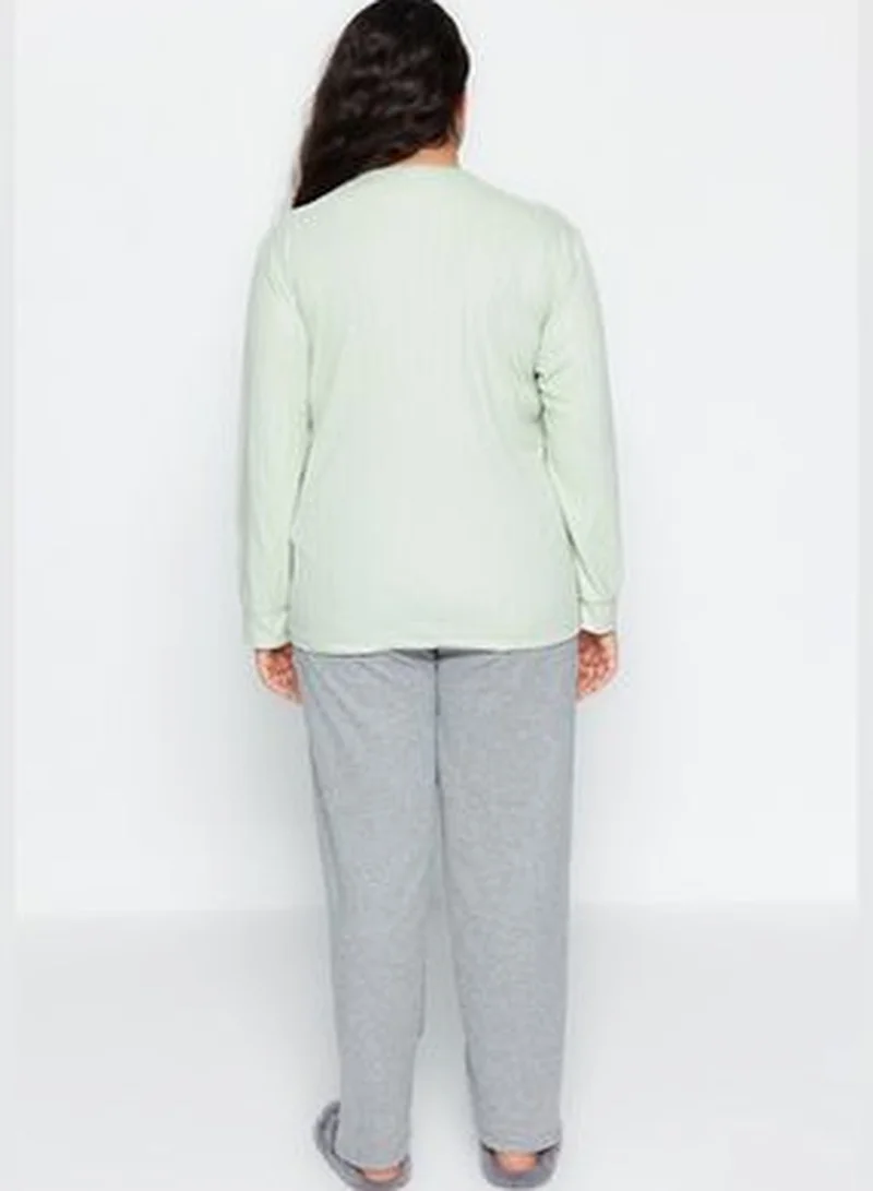 trendyol Mint Striped Knitted Pajamas Set TBBAW24AI00049