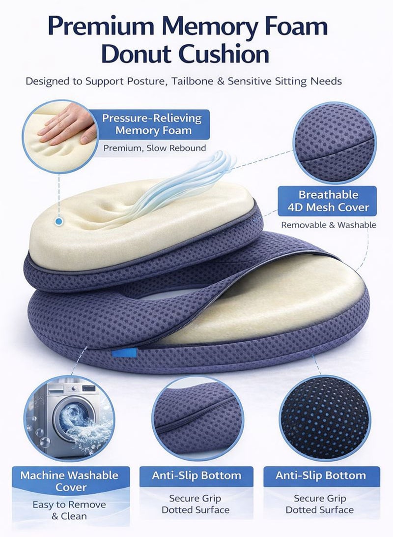 Spectrum Orthopedic Donut Pillow Memory Foam Seat Cushion for Hemorrhoid & Tailbone Pressure Relief, Coccyx & Sciatic Support, Pregnancy & Postpartum Sitting Comfort, Anti-Slip Washable 4D Mesh Chair Cushion for Office, Car & Wheelchair - Image 3