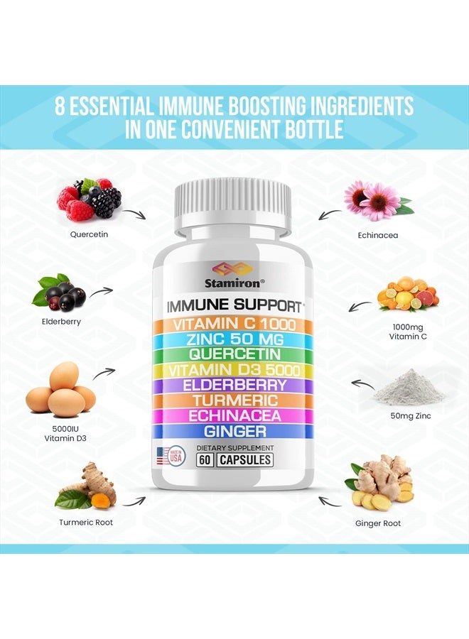 Stamiron 8 in 1 Immune Support with Quercetin Zinc 50mg Vitamin C 1000mg Vitamin D3 5000 IU and Elderberry Echinacea Ginger for Adults Kids - VIT D Immunity Defense Booster Supplement Veg Capsules Made in USA  - Image 1