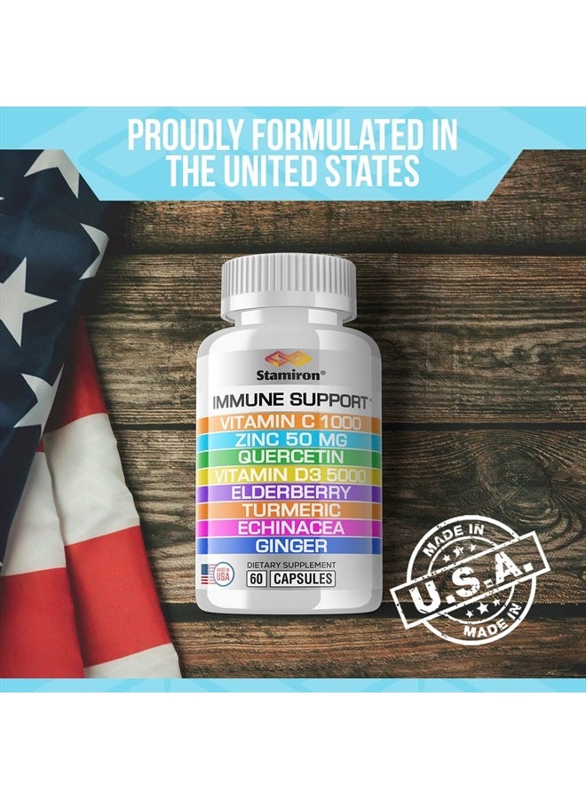 Stamiron 8 in 1 Immune Support with Quercetin Zinc 50mg Vitamin C 1000mg Vitamin D3 5000 IU and Elderberry Echinacea Ginger for Adults Kids - VIT D Immunity Defense Booster Supplement Veg Capsules Made in USA  - Image 3
