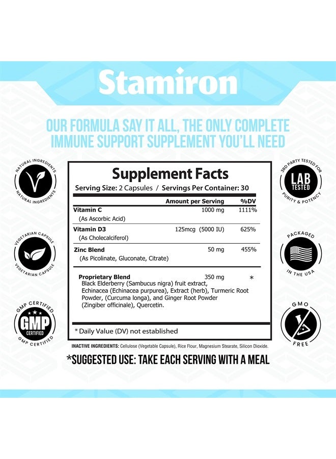 Stamiron 8 in 1 Immune Support with Quercetin Zinc 50mg Vitamin C 1000mg Vitamin D3 5000 IU and Elderberry Echinacea Ginger for Adults Kids - VIT D Immunity Defense Booster Supplement Veg Capsules Made in USA  - Image 2