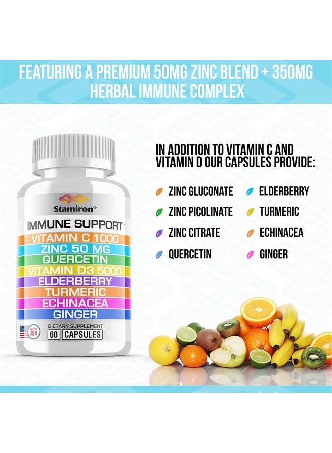 Stamiron 8 in 1 Immune Support with Quercetin Zinc 50mg Vitamin C 1000mg Vitamin D3 5000 IU and Elderberry Echinacea Ginger for Adults Kids - VIT D Immunity Defense Booster Supplement Veg Capsules Made in USA  - Image 4