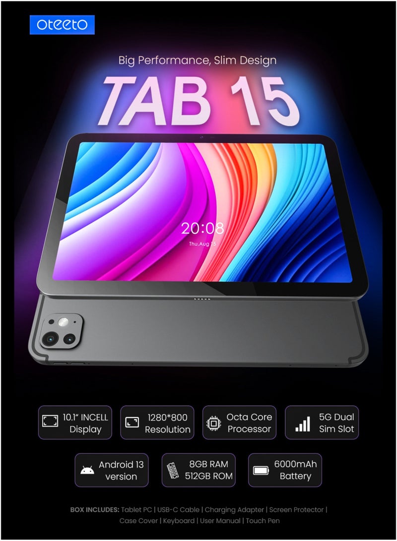 Oteeto TAB 15 10.1-Inch Android 13 Tablet – 8GB RAM, 512GB ROM, 4G/5G Dual SIM, Octa-Core Processor – Premium iOS-Style UI – Flip Cover & Wireless Keyboard Included – 6000mAh Battery, 13MP Rear + 8MP Front Cameras – Stylish Tablet for Study, Work & Fun - Image 2