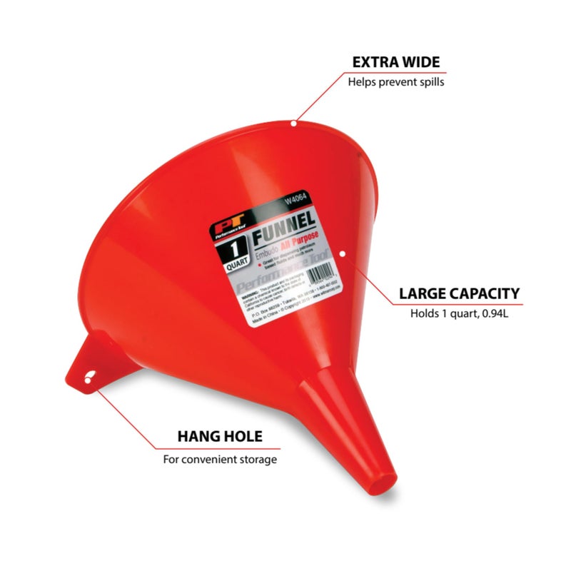 Performance Tool W4064 All Purpose Funnel 1 Quart Capacity Red - Image 4