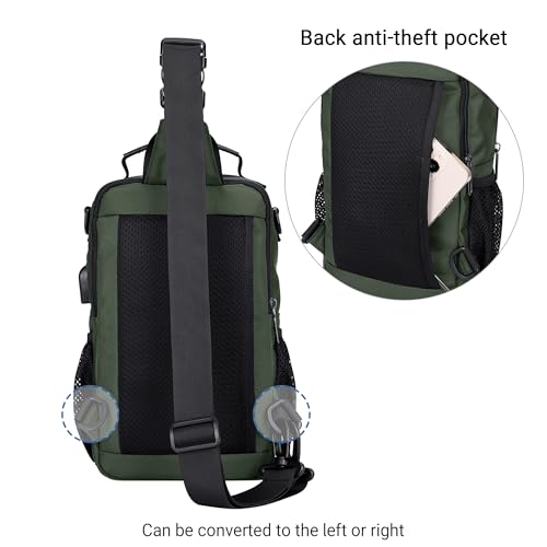 WITZMAN Sling Bag for Men Convertible Travel Sling Backpack USB Charging Port Lightweight Crossbody Shoulder Casual Daypackï¼ˆB698 Army Greenï¼‰ - Image 4