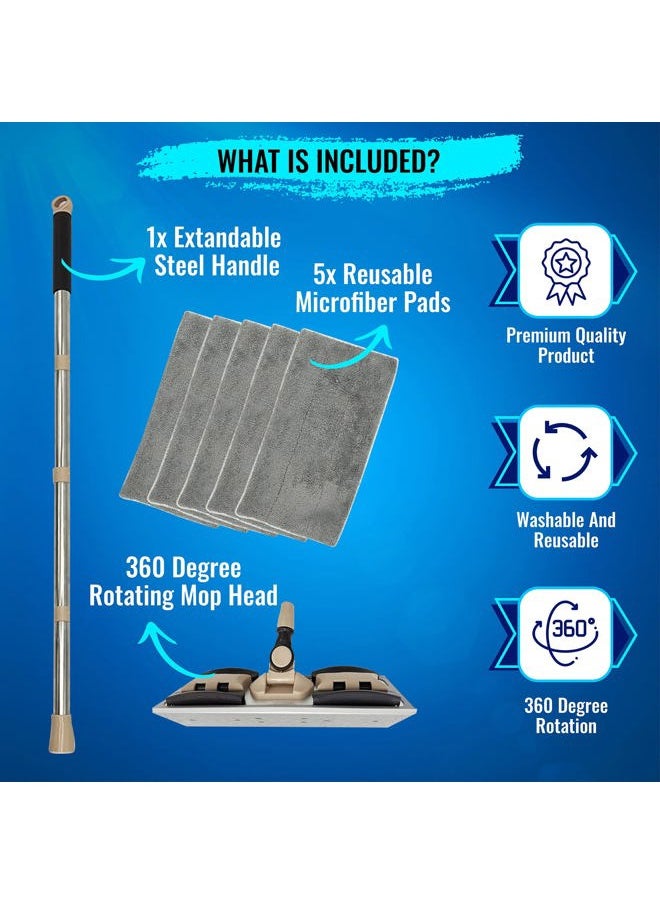 MAYSHINE Microfiber Hardwood Floor Wet and Dry Dust Mop w/ 5 Reusable Pads, 360 Spin Mop System | Use on Wood, Tile, Laminate, Vinyl and More | Flat Mop with 60" Extendable Stainless Steel Handle  - Image 3