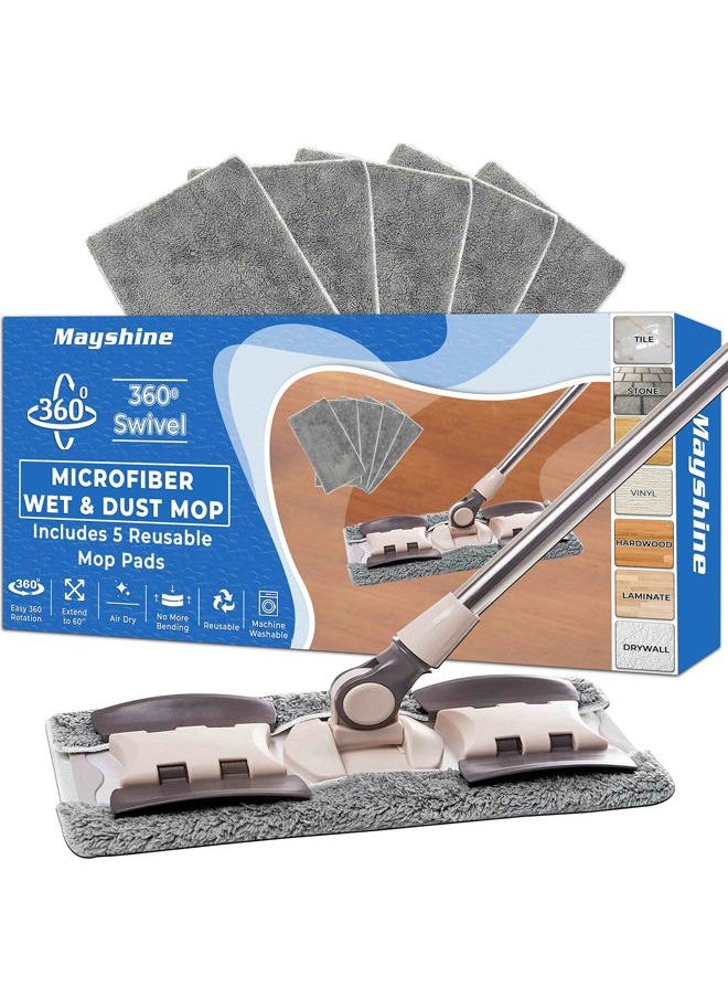 MAYSHINE Microfiber Hardwood Floor Wet and Dry Dust Mop w/ 5 Reusable Pads, 360 Spin Mop System | Use on Wood, Tile, Laminate, Vinyl and More | Flat Mop with 60" Extendable Stainless Steel Handle  - Image 1