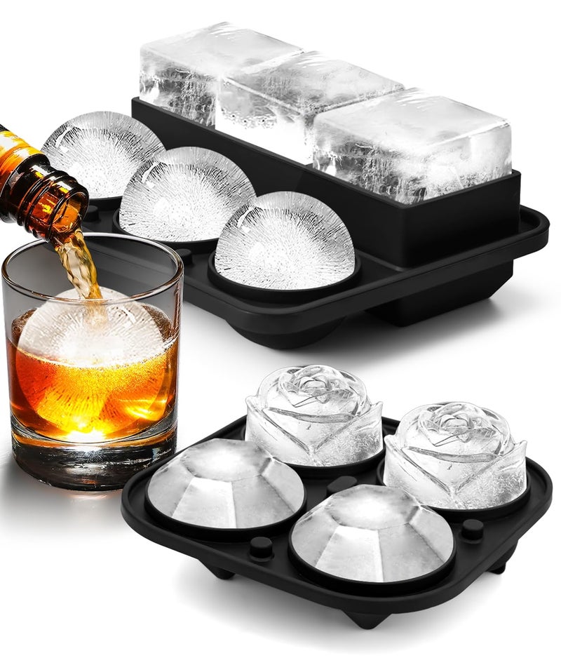 Ice Cube Tray with Lid Silicone Ice Molds with Round Square Diamond Rose Large Ice Cube Mold for Whiskey Bourbon Cocktails Easy Release BPA Free Set of 2