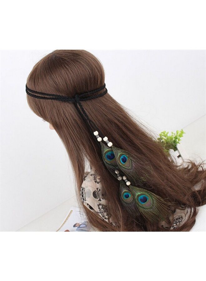 Suoirblss Indian Peacock Feather Headdress Headband Bohemian Tassel Hairband Head Chain Headwear Hair Styling Accessories for Women Handmade