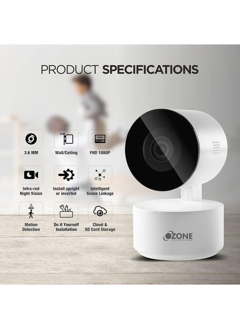 Ozone OZ- Life-PC-01 Smart PTZ Indoor 2 MP Wi-Fi Camera | Full HD Camera with 360° | Motion Detection | Cloud & Sd Card Support upto 128 GB | 2 ways Audio Talk | Smart Access with Alexa & Google
