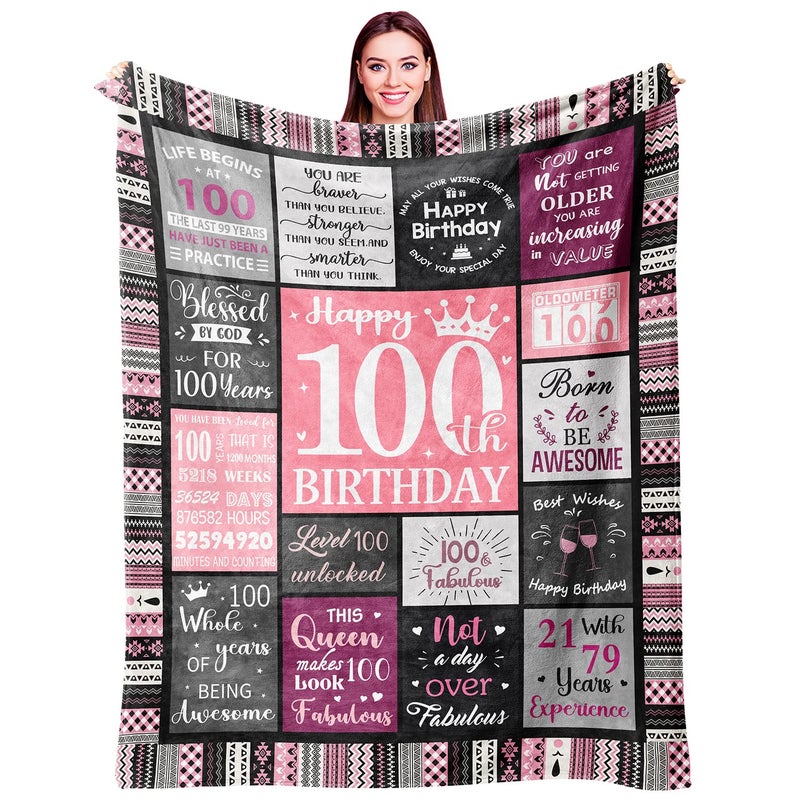 Ivivis Ivivis 100th Birthday Gifts for Women Blanket 60 x50   100th Birthday Party Supplies Decorations  Happy 100th Birthday Gifts for 100 Year Old Woman  1924 Gifts for 100th Birthday Women Mom Grandma - Image 1
