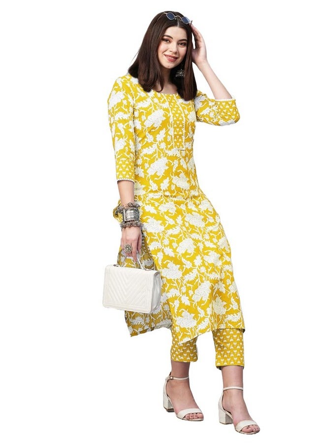 آني ديزاينر - قميص كورتا نسائي مستقيم مطبوع من مزيج القطن مع بنطلون من ANNI DESIGNER (Pustak Yellow_XL_Begani_X-Large) - Image 1