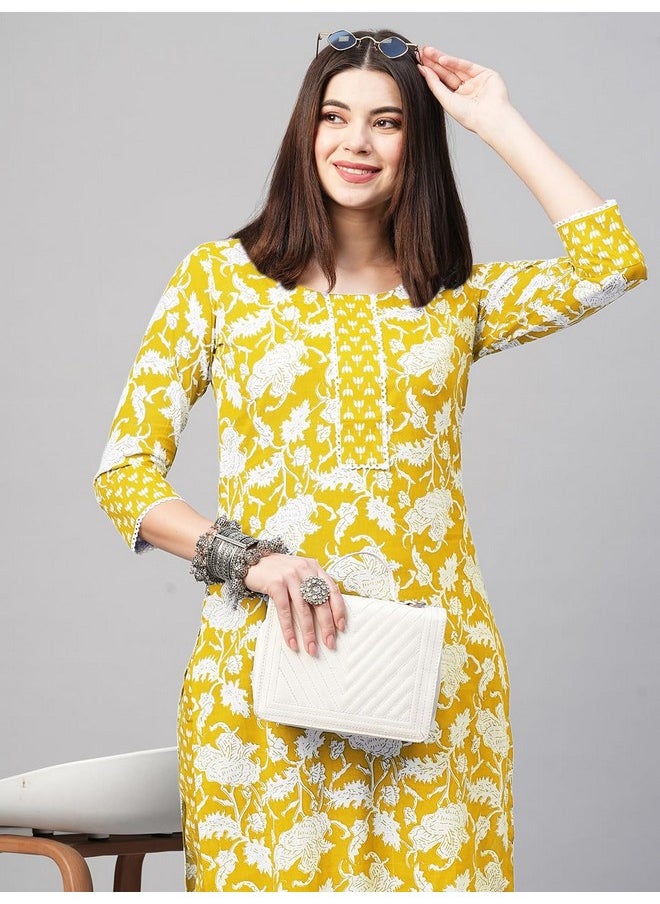 آني ديزاينر - قميص كورتا نسائي مستقيم مطبوع من مزيج القطن مع بنطلون من ANNI DESIGNER (Pustak Yellow_XL_Begani_X-Large) - Image 1