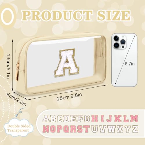 Iqimott Small Clear Personalized Initial Makeup BagNylon Preppy AZ Chenille Letter Patch Cosmetic Pouch Beach Toiletry BagWaterproof Zipper Travel Purse Storage Bag Organizer for Women GirlsBeigeWhite A - Image 3